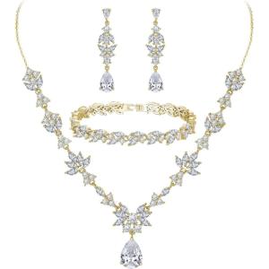 imageBriLove Wedding Jewelry Set for Women YNecklace Tennis Bracelet Dangle Earrings with AAA Cubic Zirconia Teardrop for Bridal Bridesmaid02ClearGoldToned
