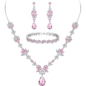 imageBriLove Wedding Jewelry Set for Women YNecklace Tennis Bracelet Dangle Earrings with AAA Cubic Zirconia Teardrop for Bridal BridesmaidPink SilverTone