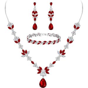 imageBriLove Wedding Jewelry Set for Women YNecklace Tennis Bracelet Dangle Earrings with AAA Cubic Zirconia Teardrop for Bridal BridesmaidRuby Color SilverTone
