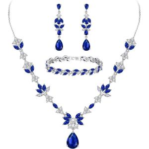 imageBriLove Wedding Jewelry Set for Women YNecklace Tennis Bracelet Dangle Earrings with AAA Cubic Zirconia Teardrop for Bridal BridesmaidSapphire Color SilverTone