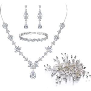 imageBriLove Wedding Jewelry Set for Women YNecklace Tennis Bracelet Dangle Earrings with AAA Cubic Zirconia Teardrop for Bridal Bridesmaidclear
