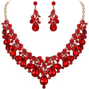 imageBriLove Wedding Jewelry Sets for Brides Rhinestone Simulated Pearl Teardrop Cluster Statement Necklace Dangle Earrings