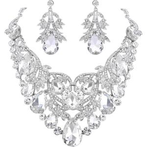 imageBriLove Womens Bohemian Boho Crystal Teardrop Filigree Leaf Hollow Statement Necklace Dangle Earrings SetClear SilverTone