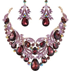 imageBriLove Womens Bohemian Boho Crystal Teardrop Filigree Leaf Hollow Statement Necklace Dangle Earrings SetDeep Amethyst Color GoldTone