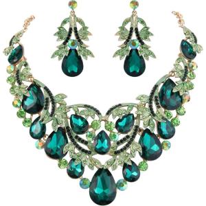 imageBriLove Womens Bohemian Boho Crystal Teardrop Filigree Leaf Hollow Statement Necklace Dangle Earrings SetEmerald Color GoldTone