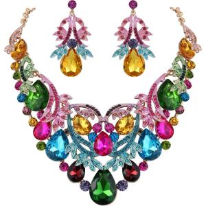 imageBriLove Womens Bohemian Boho Crystal Teardrop Filigree Leaf Hollow Statement Necklace Dangle Earrings SetMulticolor GoldTone