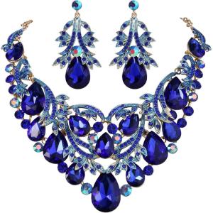 imageBriLove Womens Bohemian Boho Crystal Teardrop Filigree Leaf Hollow Statement Necklace Dangle Earrings SetRoyal Blue GoldTone