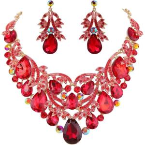 imageBriLove Womens Bohemian Boho Crystal Teardrop Filigree Leaf Hollow Statement Necklace Dangle Earrings SetRuby Color GoldTone