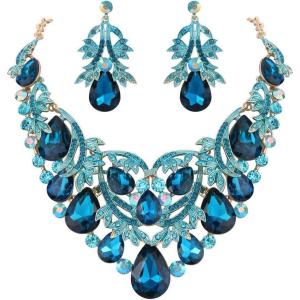 imageBriLove Womens Bohemian Boho Crystal Teardrop Filigree Leaf Hollow Statement Necklace Dangle Earrings SetTurquoise Color GoldTone