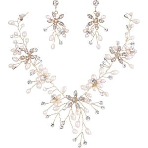 imageBriLove Womens Bohemian Boho Crystal Teardrop Freshwater Cultured Pearl Handmade Filigree Flower Choker Necklace Dangle Earrings SetGoldTone