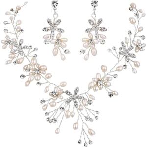 imageBriLove Womens Bohemian Boho Crystal Teardrop Freshwater Cultured Pearl Handmade Filigree Flower Choker Necklace Dangle Earrings SetSilverTone