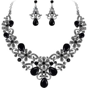 imageBriLove Womens Costume Elegant Crystal Flower Scroll Teardrop Statement Necklace Dangle Earrings Set for Wedding Party Prom AccessoriesBlack SilverTone