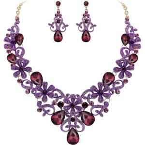 imageBriLove Womens Costume Elegant Crystal Flower Scroll Teardrop Statement Necklace Dangle Earrings Set for Wedding Party Prom AccessoriesDeep Amethyst Color GoldTone