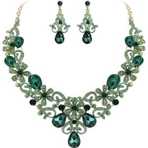 imageBriLove Womens Costume Elegant Crystal Flower Scroll Teardrop Statement Necklace Dangle Earrings Set for Wedding Party Prom AccessoriesEmerald Color GoldTone