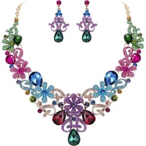 imageBriLove Womens Costume Elegant Crystal Flower Scroll Teardrop Statement Necklace Dangle Earrings Set for Wedding Party Prom AccessoriesMulticolor GoldTone