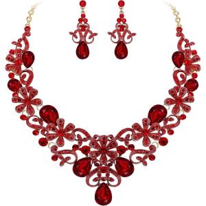 imageBriLove Womens Costume Elegant Crystal Flower Scroll Teardrop Statement Necklace Dangle Earrings Set for Wedding Party Prom AccessoriesRuby Color GoldTone