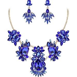 imageBriLove Womens Jewelry Set Fashion Sparkling Crystal Rhinestone Teardrop Emerald Cut Marquise Cluster Statement Necklace Dangle Earrings for Party PromBlue Goldtone