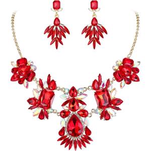 imageBriLove Womens Jewelry Set Fashion Sparkling Crystal Rhinestone Teardrop Emerald Cut Marquise Cluster Statement Necklace Dangle Earrings for Party PromRuby Color Goldtone