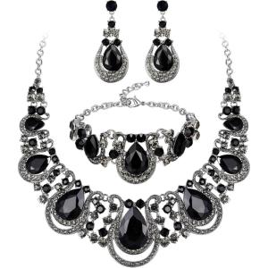 imageBriLove Womens Teardrop Crystal Statement Necklace Cluster Hollow Dangle Earrings Chain Bracelet Bib Jewellery Set for Wedding Bride BridesmaidBlack SilverTone