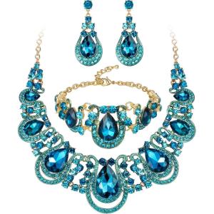 imageBriLove Womens Teardrop Crystal Statement Necklace Cluster Hollow Dangle Earrings Chain Bracelet Bib Jewellery Set for Wedding Bride BridesmaidBlue Topaz Color GoldTone