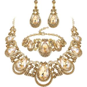 imageBriLove Womens Teardrop Crystal Statement Necklace Cluster Hollow Dangle Earrings Chain Bracelet Bib Jewellery Set for Wedding Bride BridesmaidChampagne GoldTone