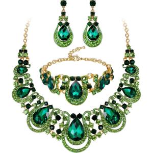 imageBriLove Womens Teardrop Crystal Statement Necklace Cluster Hollow Dangle Earrings Chain Bracelet Bib Jewellery Set for Wedding Bride BridesmaidEmerald Color GoldTone
