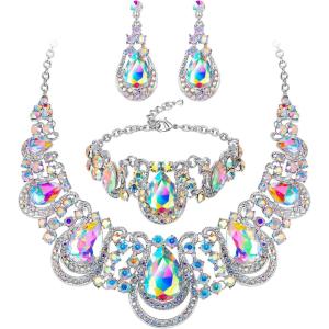 imageBriLove Womens Teardrop Crystal Statement Necklace Cluster Hollow Dangle Earrings Chain Bracelet Bib Jewellery Set for Wedding Bride BridesmaidIridescent AB Color SilverTone