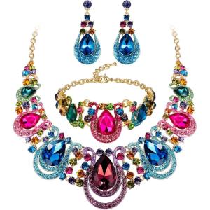 imageBriLove Womens Teardrop Crystal Statement Necklace Cluster Hollow Dangle Earrings Chain Bracelet Bib Jewellery Set for Wedding Bride BridesmaidMulti Colour GoldTone