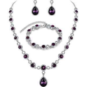 imageBriLove Womens Wedding Bridal Crystal Infinity Figure 8 Teardrop YNecklace Bracelet Earrings SetAmethyst Color SilverTone