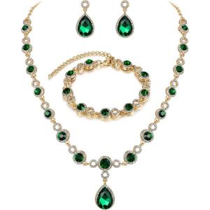 imageBriLove Womens Wedding Bridal Crystal Infinity Figure 8 Teardrop YNecklace Bracelet Earrings SetEmerald Color GoldTone