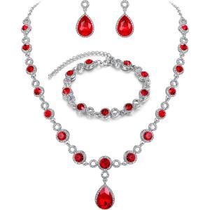 imageBriLove Womens Wedding Bridal Crystal Infinity Figure 8 Teardrop YNecklace Bracelet Earrings SetRuby Color SilverTone