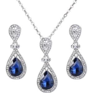 imageBriLove Womens Wedding Bridal Elegant Crystal Teardrop Pendant Necklace Dangle Earrings SetNavy Blue