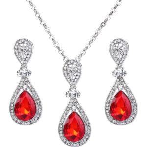 imageBriLove Womens Wedding Bridal Elegant Crystal Teardrop Pendant Necklace Dangle Earrings SetRuby Color