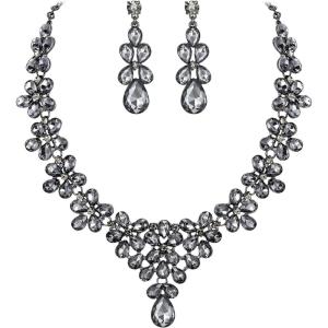 imageBriLove Womens Wedding Bridal Teardrop Cluster Crystal Statement Necklace Dangle Earrings Set for Bride Grey BlackTone
