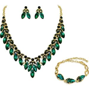 imageBriLove Womens Wedding Jewelry Set for Bridal Rhinestone Beaded Marquise Cluster Crystal Statement Necklace Dangle Earrings Link Bracelet02Emerald Color GoldTone