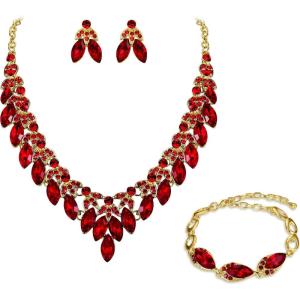 imageBriLove Womens Wedding Jewelry Set for Bridal Rhinestone Beaded Marquise Cluster Crystal Statement Necklace Dangle Earrings Link Bracelet03Ruby Color GoldTone