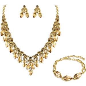 imageBriLove Womens Wedding Jewelry Set for Bridal Rhinestone Beaded Marquise Cluster Crystal Statement Necklace Dangle Earrings Link Bracelet04Champagne GoldTone