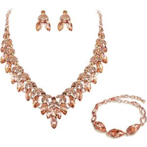imageBriLove Womens Wedding Jewelry Set for Bridal Rhinestone Beaded Marquise Cluster Crystal Statement Necklace Dangle Earrings Link Bracelet05Peach RoseGoldTone
