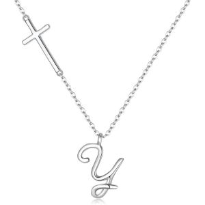imageBriLove 925 Sterling Silver Cross Side Pendant Necklace Initial Letter Jesus Crucifix Christian Jewelry Gifts for Mom Womenr Daily WearMothers DayValentines DayBirthdayChristmasAnniversaryY