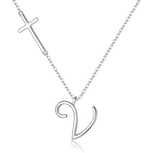 imageBriLove 925 Sterling Silver Cross Side Pendant Necklace Initial Letter Jesus Crucifix Christian Jewelry Gifts for Mom Womenr Daily WearMothers DayValentines DayBirthdayChristmasAnniversaryV
