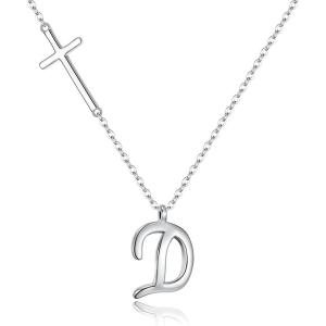 imageBriLove 925 Sterling Silver Cross Side Pendant Necklace Initial Letter Jesus Crucifix Christian Jewelry Gifts for Mom Womenr Daily WearMothers DayValentines DayBirthdayChristmasAnniversaryD