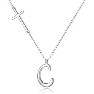 imageBriLove 925 Sterling Silver Cross Side Pendant Necklace Initial Letter Jesus Crucifix Christian Jewelry Gifts for Mom Womenr Daily WearMothers DayValentines DayBirthdayChristmasAnniversaryLetter C