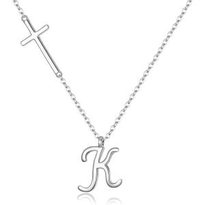 imageBriLove 925 Sterling Silver Cross Side Pendant Necklace Initial Letter Jesus Crucifix Christian Jewelry Gifts for Mom Womenr Daily WearMothers DayValentines DayBirthdayChristmasAnniversaryLetter K