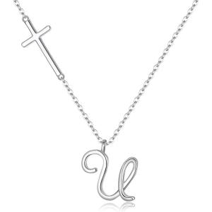 imageBriLove 925 Sterling Silver Cross Side Pendant Necklace Initial Letter Jesus Crucifix Christian Jewelry Gifts for Mom Womenr Daily WearMothers DayValentines DayBirthdayChristmasAnniversaryU