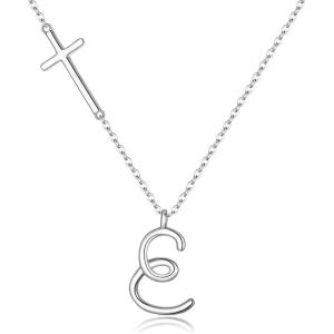 imageBriLove 925 Sterling Silver Cross Side Pendant Necklace Initial Letter Jesus Crucifix Christian Jewelry Gifts for Mom Womenr Daily WearMothers DayValentines DayBirthdayChristmasAnniversaryE