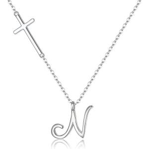 imageBriLove 925 Sterling Silver Cross Side Pendant Necklace Initial Letter Jesus Crucifix Christian Jewelry Gifts for Mom Womenr Daily WearMothers DayValentines DayBirthdayChristmasAnniversaryN