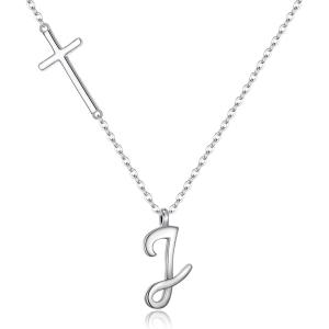 imageBriLove 925 Sterling Silver Cross Side Pendant Necklace Initial Letter Jesus Crucifix Christian Jewelry Gifts for Mom Womenr Daily WearMothers DayValentines DayBirthdayChristmasAnniversaryJ
