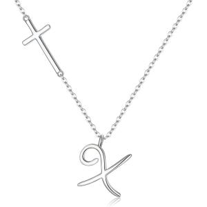 imageBriLove 925 Sterling Silver Cross Side Pendant Necklace Initial Letter Jesus Crucifix Christian Jewelry Gifts for Mom Womenr Daily WearMothers DayValentines DayBirthdayChristmasAnniversaryX