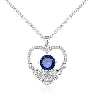 imageBriLove Gift for Women Mom 925 Sterling Silver Cubic Zirconia Dainty Love Heart Rose Flower Pendant Necklace for Daily WearMothers DayValentines DayBirthdayChristmasAnniversary03Sapphire Color SilverTone