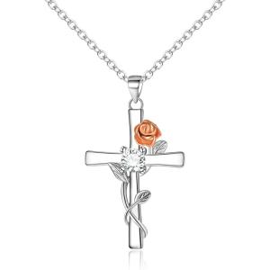 imageBriLove Gifts for Mom Women 925 Sterling Silver Cubic Zirconia Dainty Cross Rose Flower Pendant Necklace for Mothers DayValentines DayBirthdayChristmasAnniversary